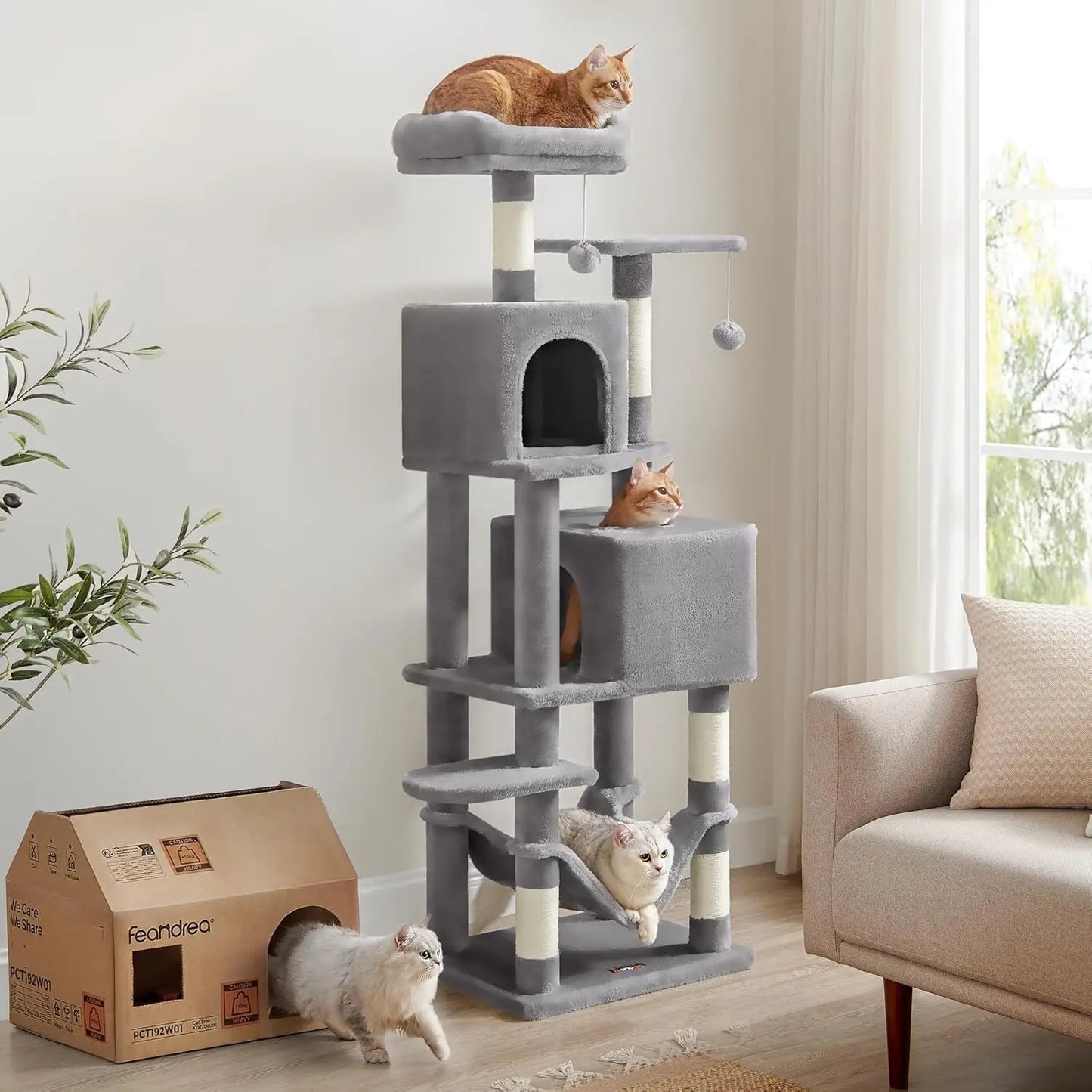 Arbre à chat Feandrea 154 cm –Tour d’escalade en peluche avec 5 poteaux à griffer, 2 plateformes