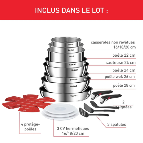 Batterie de Cuisine Empilable 20 Pièces avec Poignées Amovibles