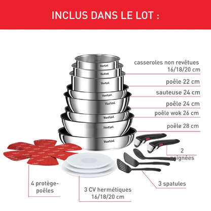Batterie de Cuisine Empilable 20 Pièces avec Poignées Amovibles
