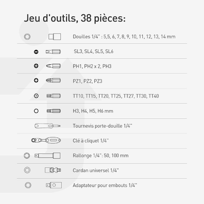 Ensemble Compact d’Outils à Douilles et Embouts 38 Pièces pour Réparations Quotidiennes