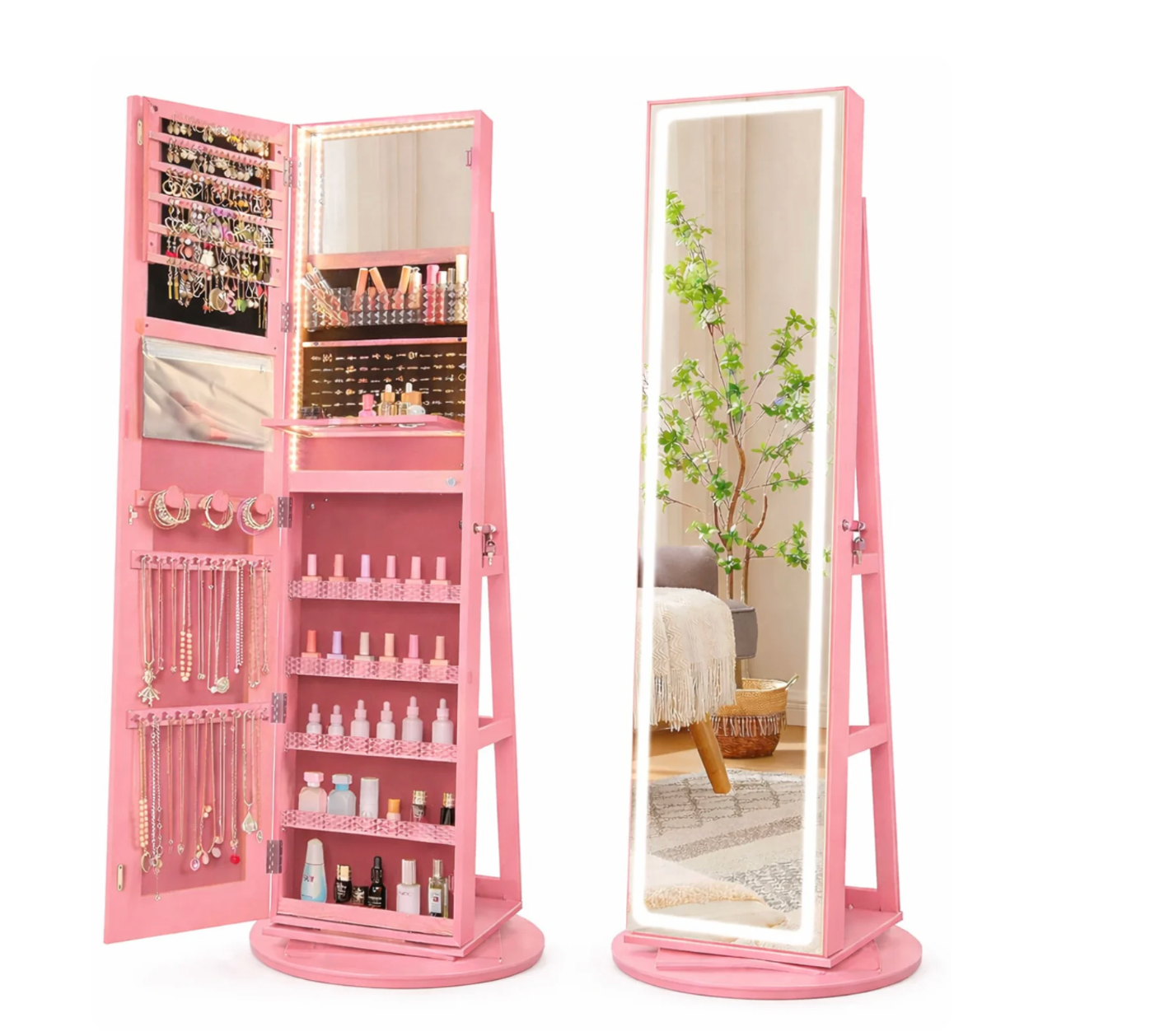 Meuble à bijoux sur pied avec miroir LED, organiseur pivotant à 360°😍