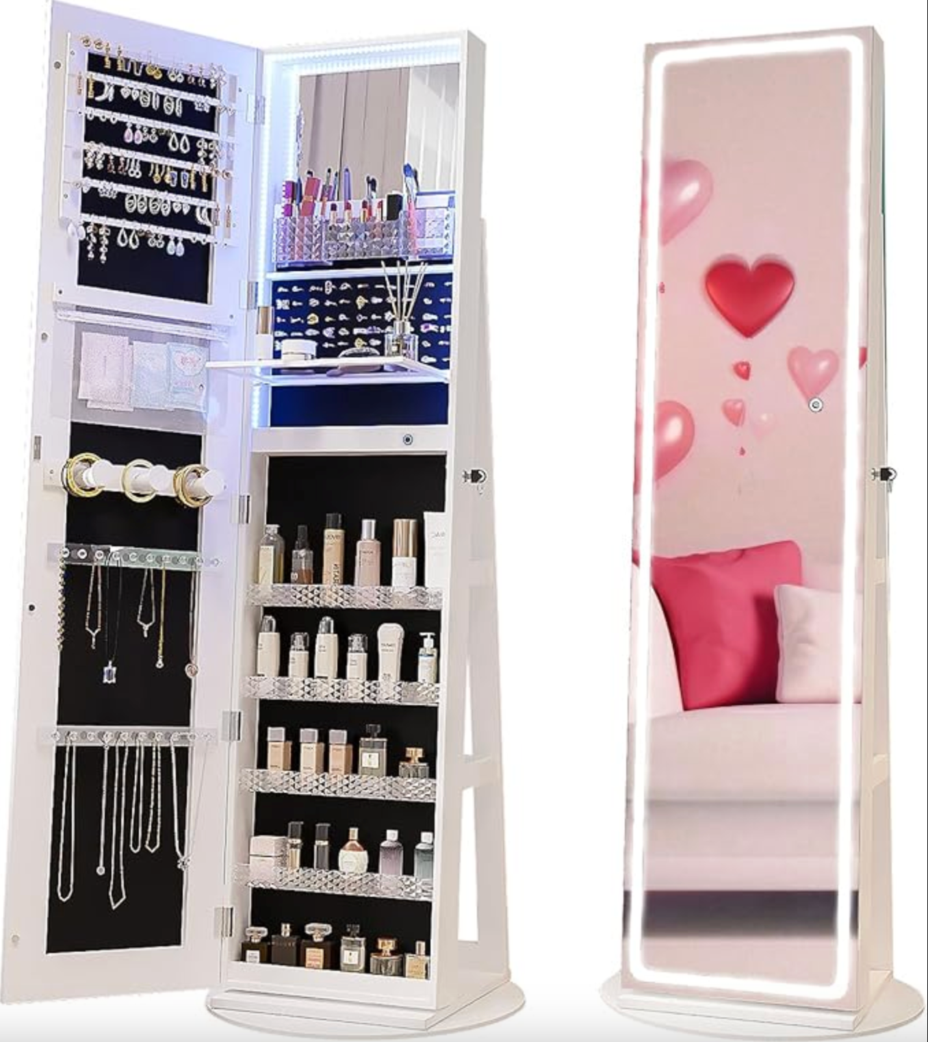 Meuble à bijoux sur pied avec miroir LED, organiseur pivotant à 360°😍