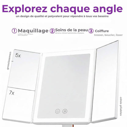 Miroir de maquillage LED à trois volets