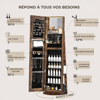 Meuble à bijoux sur pied avec miroir LED, organiseur pivotant à 360°😍