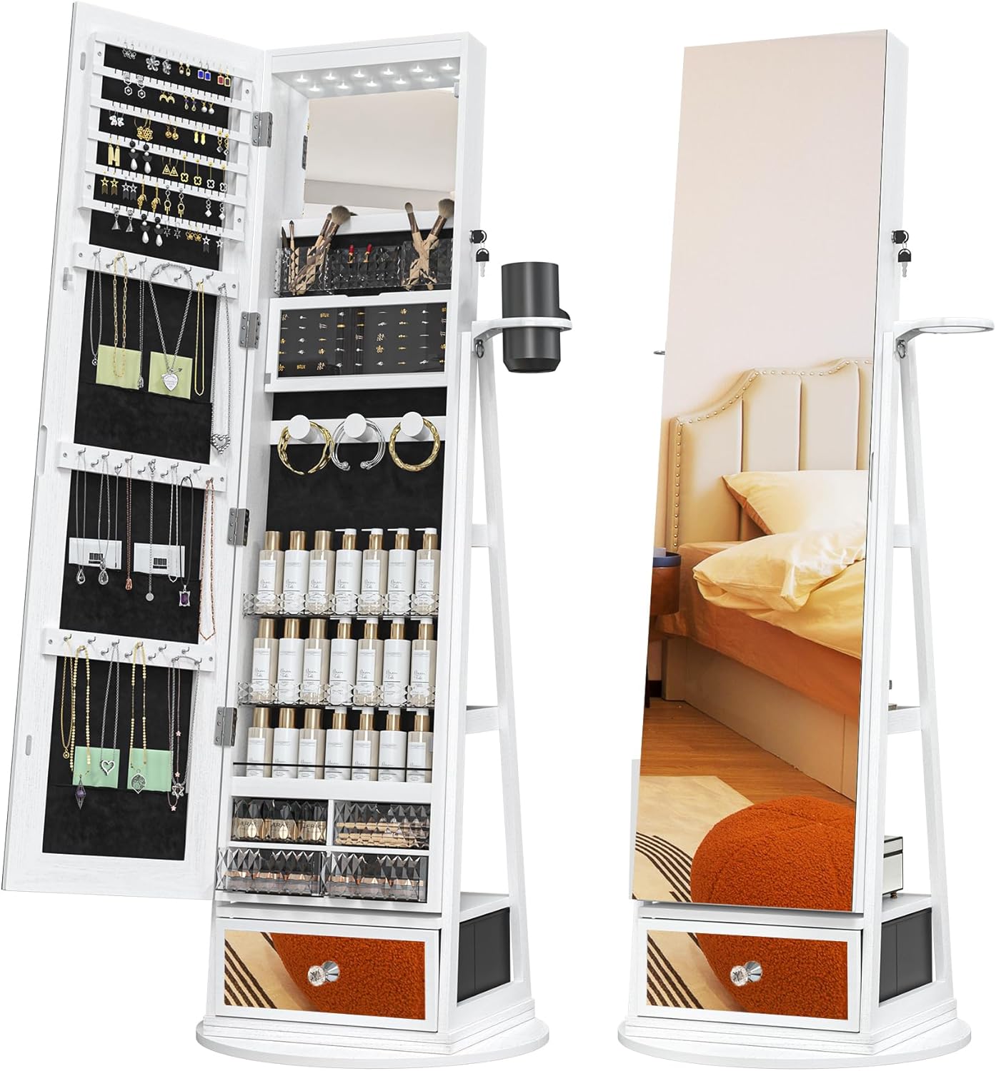 Meuble à bijoux sur pied avec miroir LED, organiseur pivotant à 360°😍